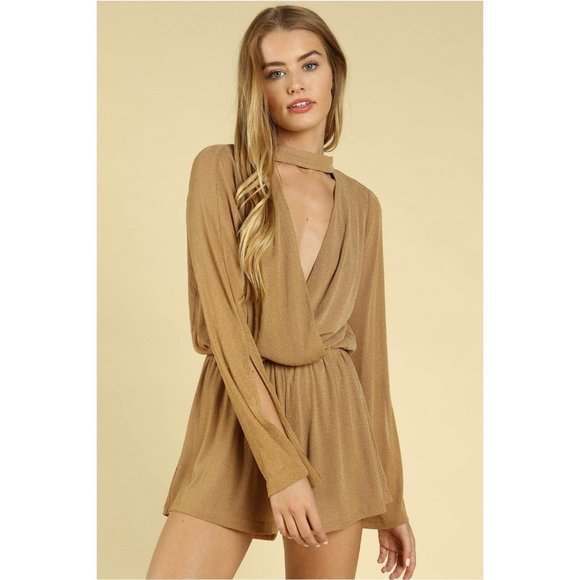 Honey punch ShimmeringWrap Romper, Light Brown